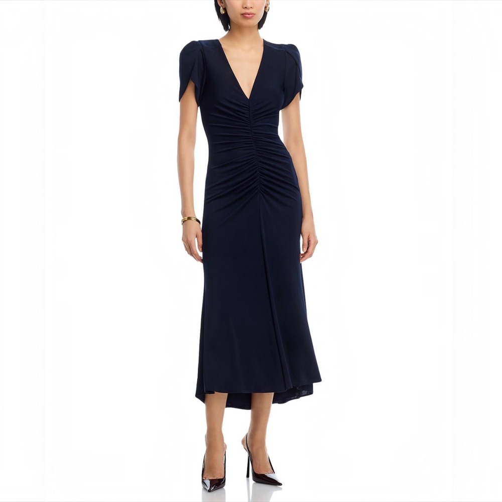 NEW CINQ À SEPT Aviva Gathered Tulip-Sleeve Midi Dress Navy Size 6 NWT